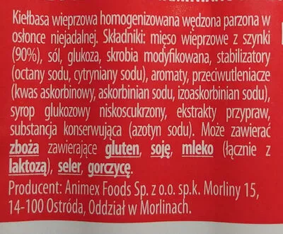 Lista de ingredientes del producto Kiełbasa wieprzowa homogenizowana wędzona parzona w osłonce niejadalnej. Krakus 200 g