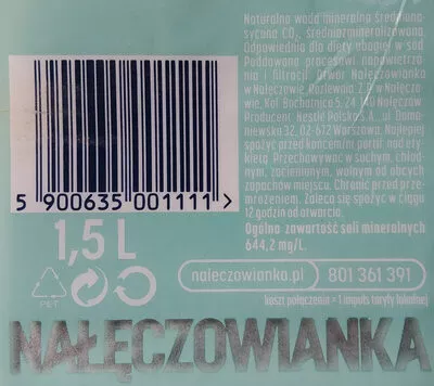 Lista de ingredientes del producto Woda mineralna średnionasycona CO2, średnio mineralizowana Nałęczowianka, Nestlé 1,5 l