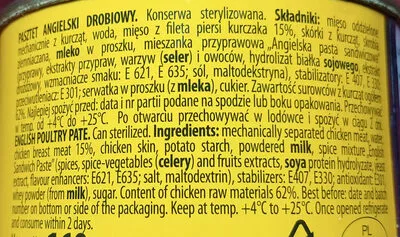 Lista de ingredientes del producto Pasztet angielski drobiowy Podlaski 160 g