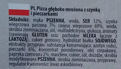 Lista de ingredientes del producto Pizza głęboko mrożona z szynką i pieczarkami. MaxTop Sławków 640 g (2 x 320 g)