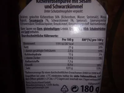 Lista de ingredientes del producto Humus Schwarzkümmel Perla Deutschland GmbH 180 g