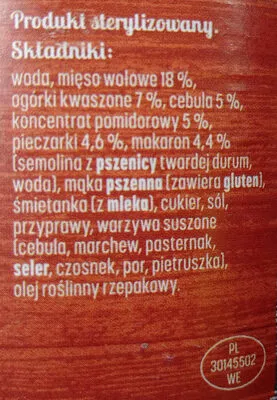 Lista de ingredientes del producto Boeuf Strogonow z makaronem Międzychód 500 g