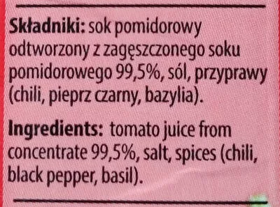 Lista de ingredientes del producto Sok pomidorowy pikantny Dawton 1 l