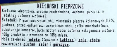 Lista de ingredientes del producto Kiełbaski pieprzowe Krakus, Animex Food 300 g