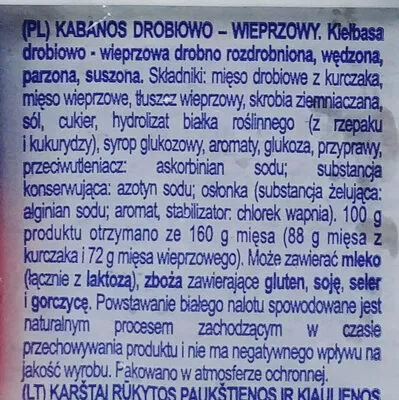 Lista de ingredientes del producto Kabanos drobiowo-wieprzowy Krakus 95 g