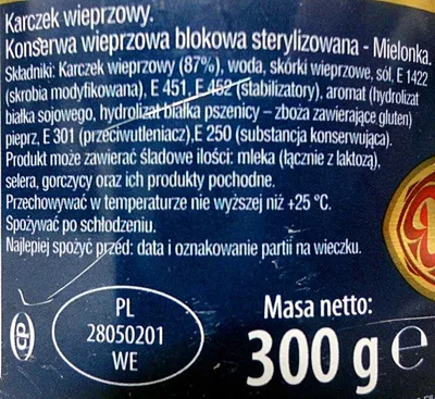 Lista de ingredientes del producto Karczek wieprzowy Krakus 300 g