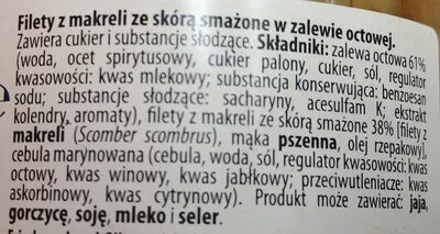 Lista de ingredientes del producto Filety z makreli smażone w zalewie octowej Seko 310 g (przed odsączeniem 800 g)