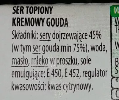 Lista de ingredientes del producto Ser topiony kremowy gouda Fasti 100 g