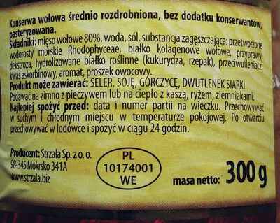 Lista de ingredientes del producto Wołowina w sosie własnym Masarnia Strzała 300 g