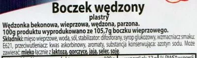 Lista de ingredientes del producto Boczek wędzony, plastry Bergio, Pekpol 100g