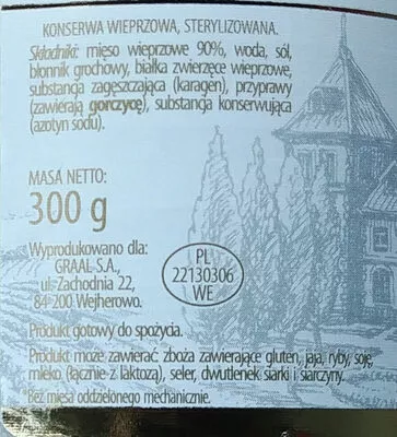 Lista de ingredientes del producto Kiełbasa biała. Graal, Kuchnia staropolska 300 g