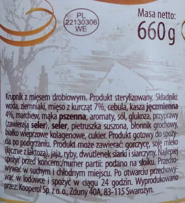 Lista de ingredientes del producto Krupnik z mięsem drobiowym Kuchnia Staropolska, Kooperol 660 g