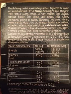 Lista de ingredientes del producto Filet de harens aux cramberries Admiral 240 g