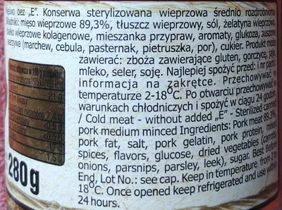 Lista de ingredientes del producto Mięsiwo bez "E" Zaklady mięsne Szubryt 280 g