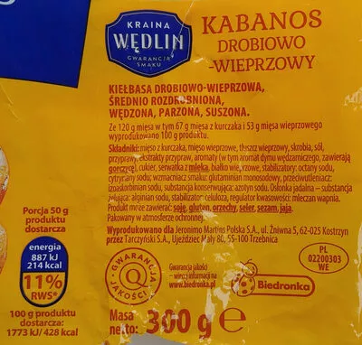 Lista de ingredientes del producto Kabanos drobiowo-wieprzowy Tarczyński 300 g