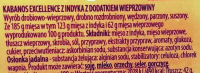 Lista de ingredientes del producto Kabanos excellence z indyka z dodatkiem wieprzowiny Tarczyński 100 g