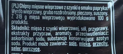 Lista de ingredientes del producto Chipsy mięsne wieprzowe z szynki o smaku papryka Tarczyński 25 g