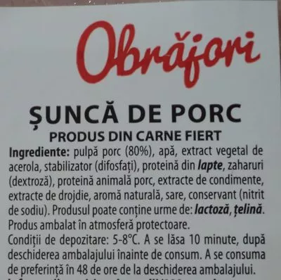 Lista de ingredientes del producto Obrăjori Șunca de porc CrisTim 30 g