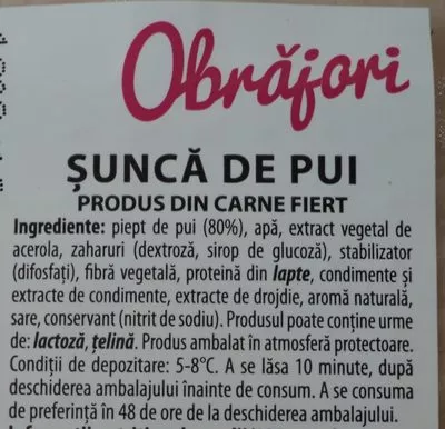 Lista de ingredientes del producto Obrăjori Șunca de pui CrisTim 30 g