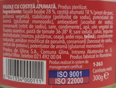 Lista de ingredientes del producto Fasole cu costiță afumată Mandy Foods 300 g