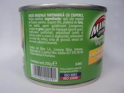 Lista de ingredientes del producto Mandy Pasta vegetala tartinabila cu ciuperci Mandy 200 g