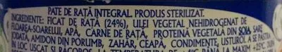 Lista de ingredientes del producto Pate de rață integral Scandia Sibiu 120g