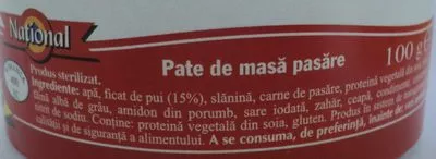 Lista de ingredientes del producto Național Pate de masă pasăre Național 100 g