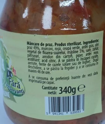 Lista de ingredientes del producto Roua Mancare de praz cu masline Roua 340 g,