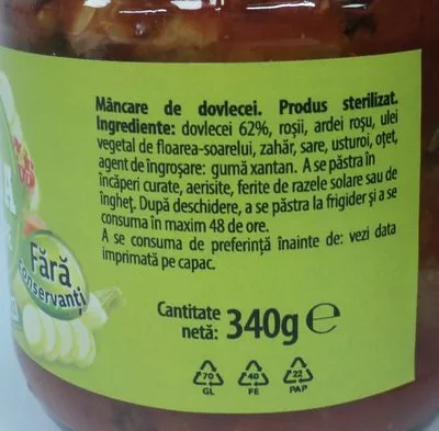 Lista de ingredientes del producto Roua Mancare de dovlecei Roua 340 g,