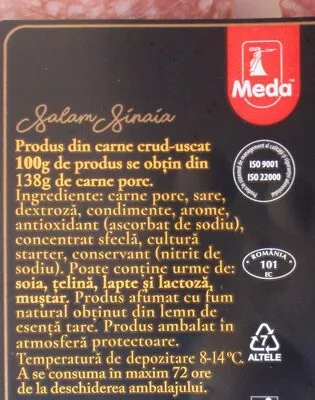 Lista de ingredientes del producto Meda Salam Sinaia Meda 100 g,