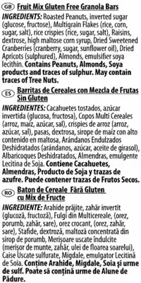 Lista de ingredientes del producto Gluten Free Fruit Mix Granola Bars Sam Mills 141,75 g (5 x 28,35 g)