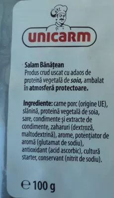 Lista de ingredientes del producto Unicarm Salam banatean Unicarm 100 g,