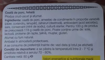 Lista de ingredientes del producto Drag de Romania Ceafa de porc Drag de Romania 80 g,