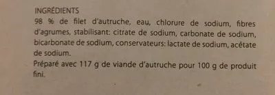 Lista de ingredientes del producto Pave filet d'autruche Klein Karoo, Klein Karoo International 300 g