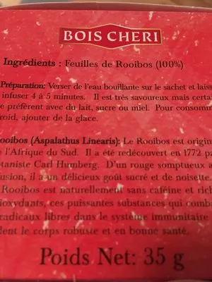 Lista de ingredientes del producto Herbal tea rooïbos Bois Cheri 