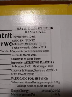 Lista de ingredientes del producto Dátiles de Túnez  1 kg