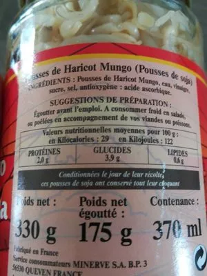 Lista de ingredientes del producto Pousse de haricots mungo (pousse de soja) Minerve 