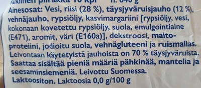 Lista de ingredientes del producto Rukiinen Piirakka Fazer leipomot 10 kpl