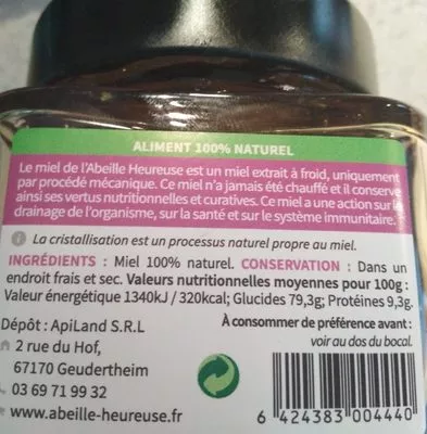 Lista de ingredientes del producto Miel de bruyère L'Abeille Heureuse, ApiLand 300 g