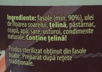 Lista de ingredientes del producto Bunătăți de Topoloveni Fasole bătută Bunătăți de Topoloveni 300 g,