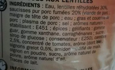 Lista de ingredientes del producto Saucisses aux lentilles  