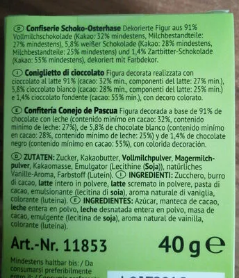 Lista de ingredientes del producto Schoko- Osterhase Bofrost 40g