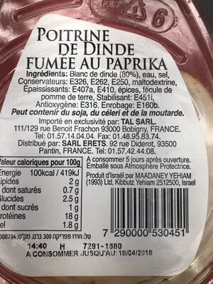 Lista de ingredientes del producto Poitrine de dinde fumee au paprika  