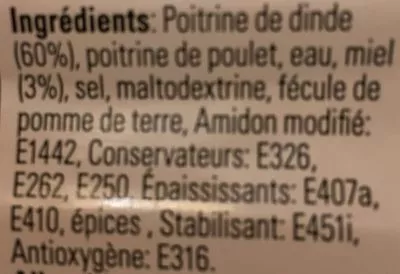 Lista de ingredientes del producto Chiffonnade Poitrine Dinde au Miel 1% MG Soglowek 150 g e