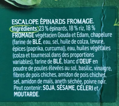 Lista de ingredientes del producto Escalope épinards fromage Garden Gourmet 2