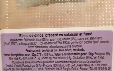 Lista de ingredientes del producto Blanc de dinde braise au four Of Tov 100 g