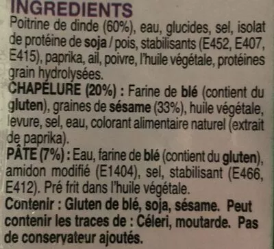 Lista de ingredientes del producto Batonnets de Dinde au Sesame Of Tov 