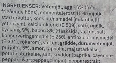 Lista de ingredientes del producto Matpaj med kyckling och bacon Coop 220 g