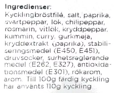 Lista de ingredientes del producto BBQ Stekt & Tärnad Kronfågel 200g