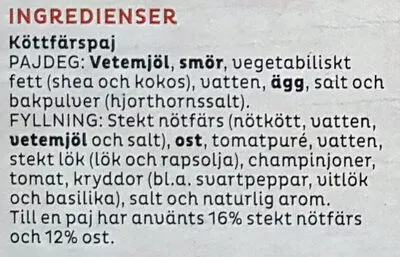 Lista de ingredientes del producto Köttfärspaj Felix, Orkla 215 g